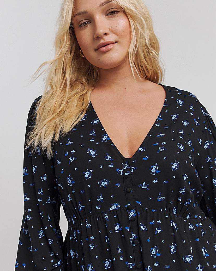 Black Print Button Through Midi Dress