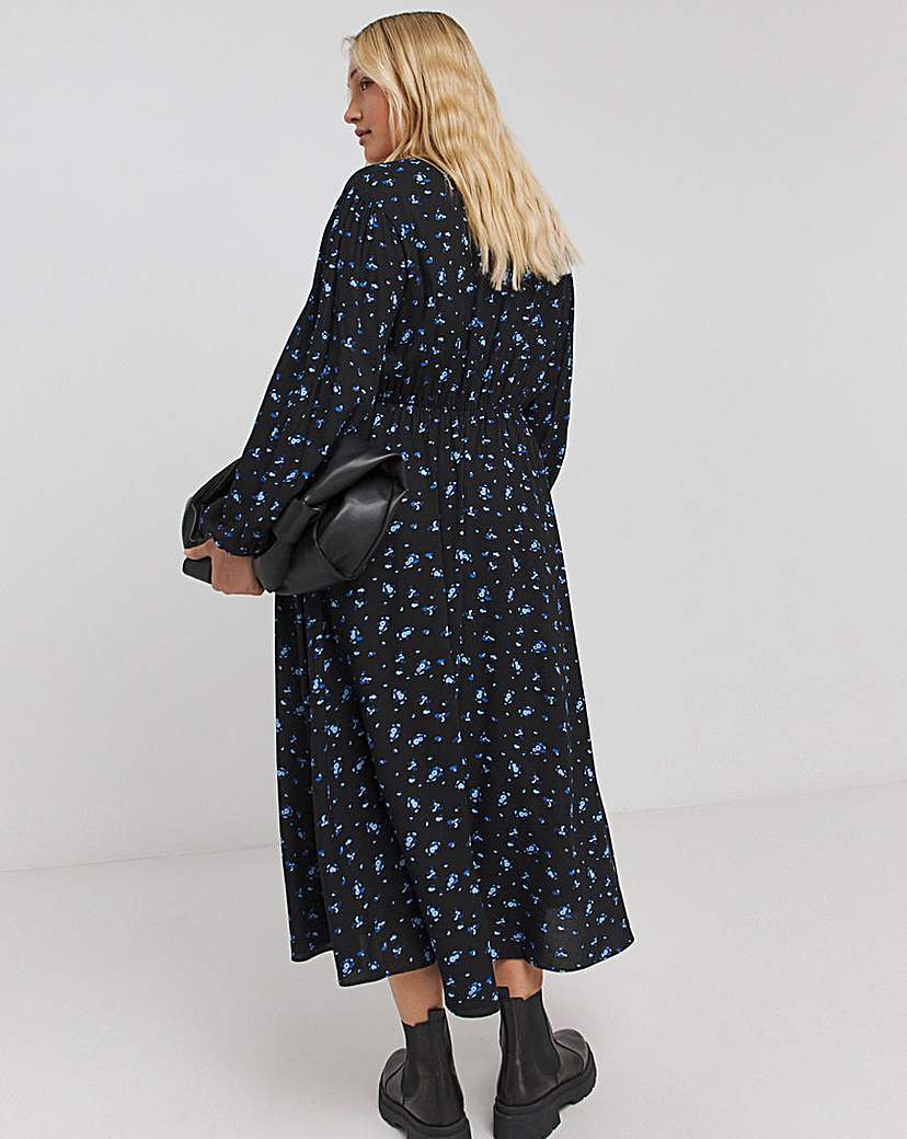 Black Print Button Through Midi Dress