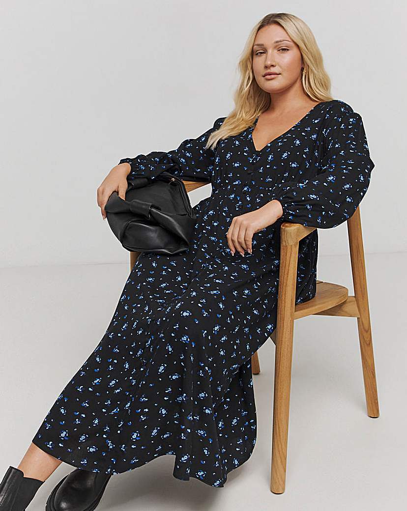 Black Print Button Through Midi Dress