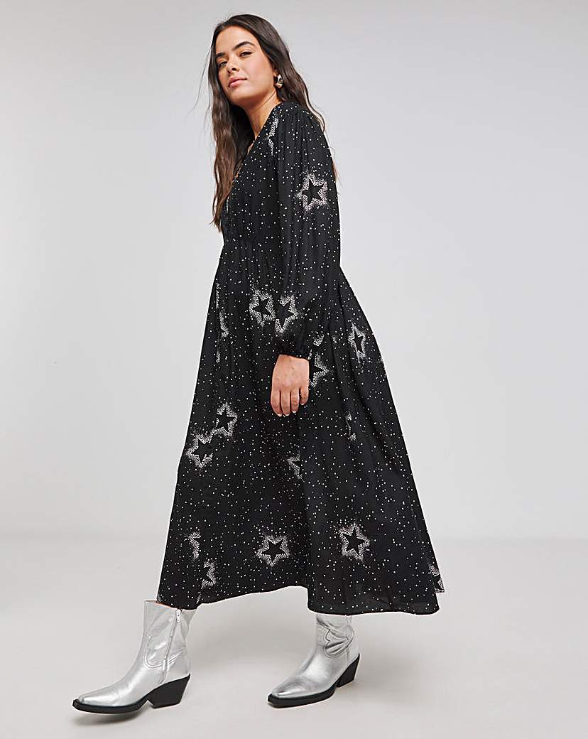 Black Print Button Through Midi Dress