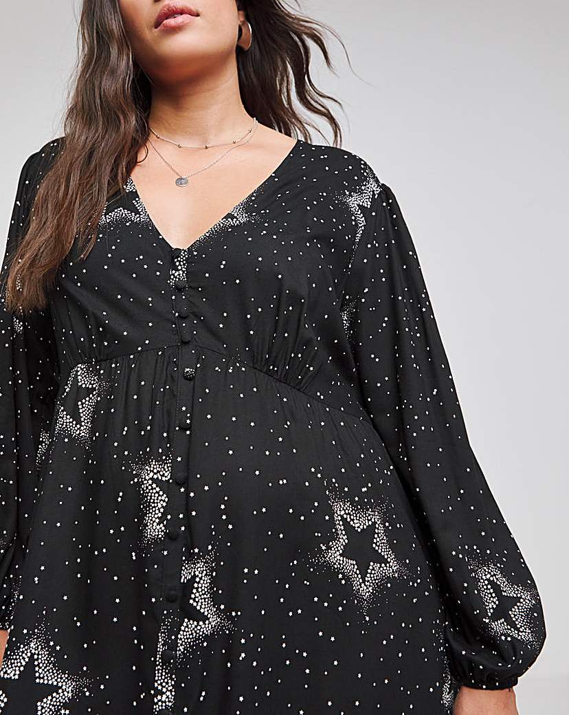Black Print Button Through Midi Dress