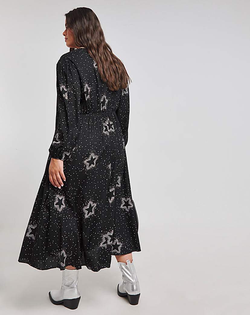 Black Print Button Through Midi Dress