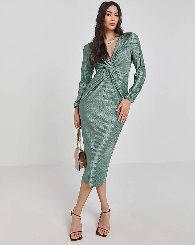 Plisse Twist Front Midi Dress