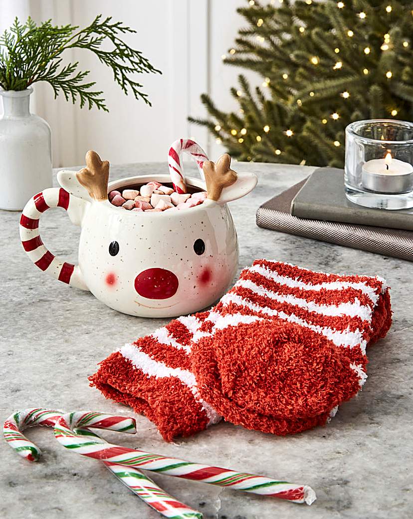 New In - Ceramic Rudolph Mug with Fluffy Socks