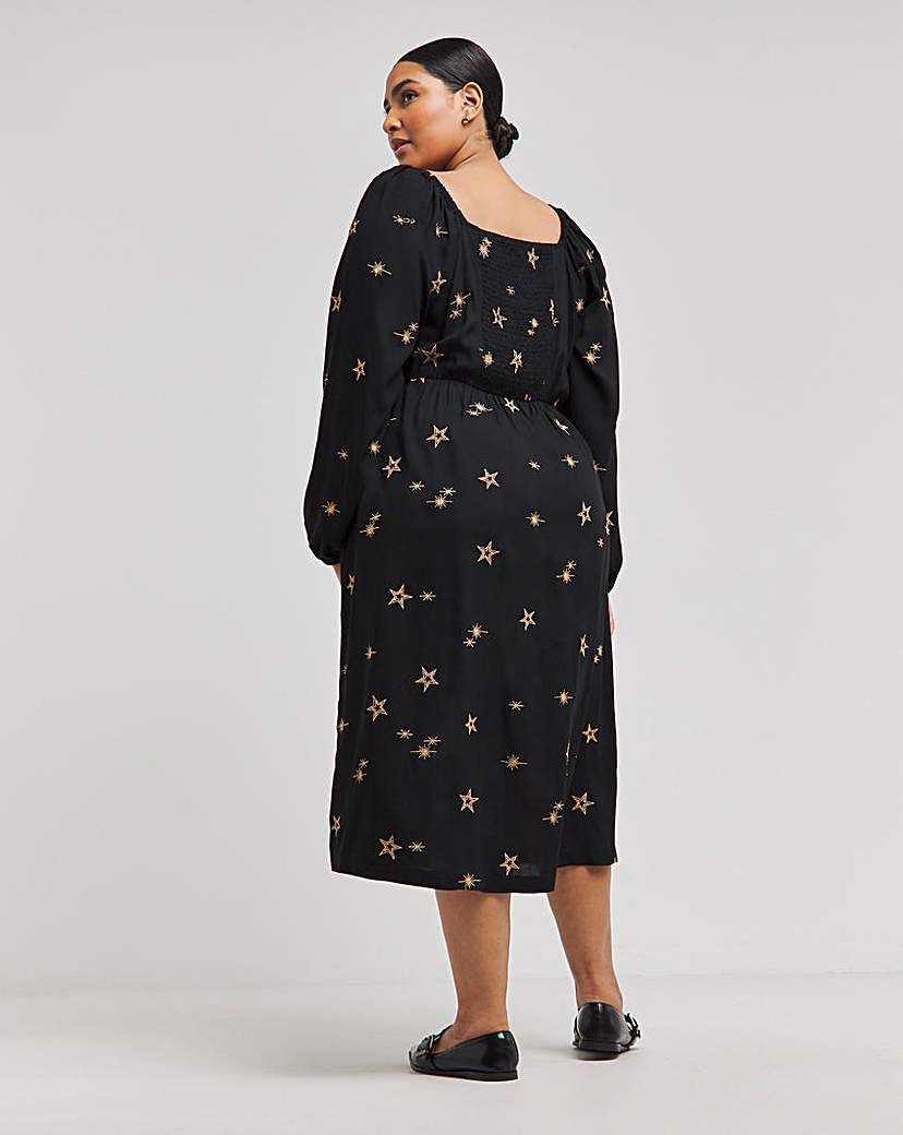 Black Star Embroidered Midi Dress