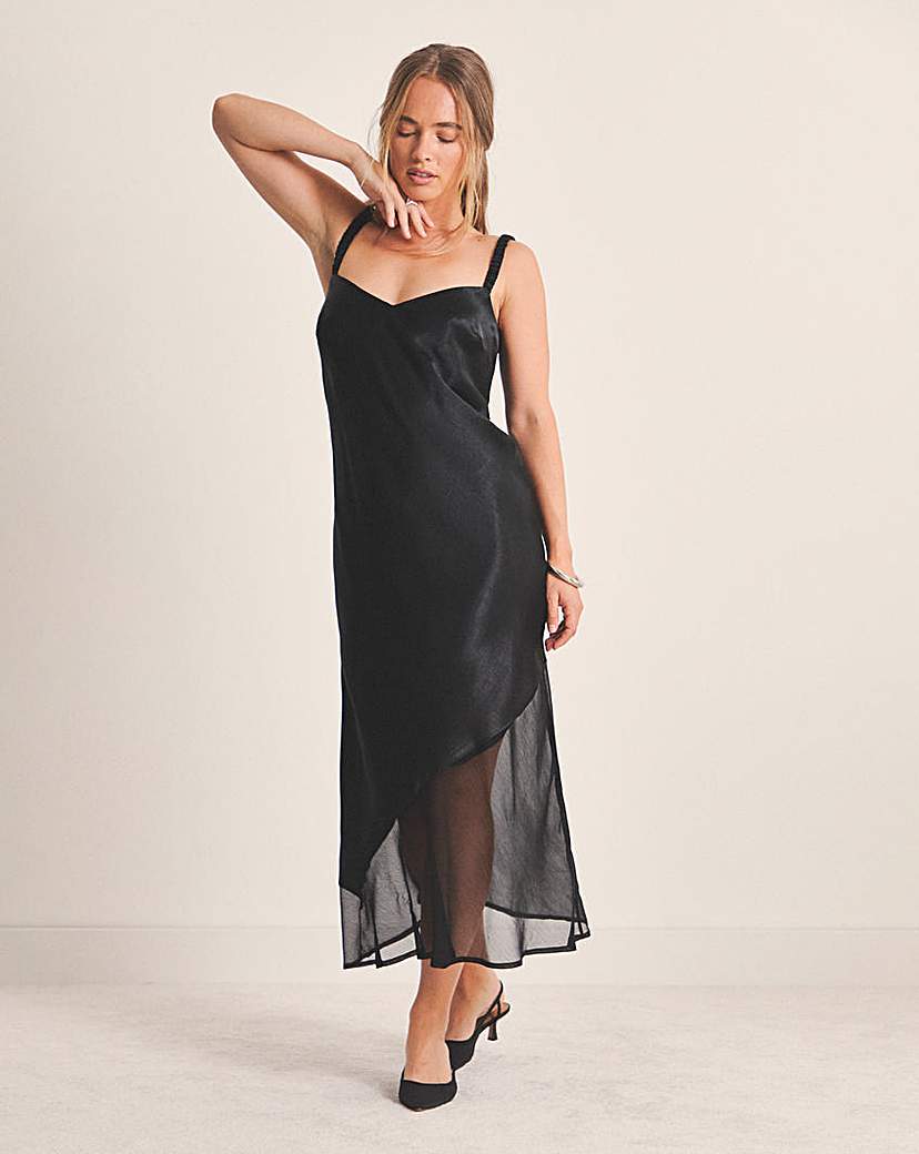 New In - Simply Be - Women's Black Satin Sheer Mix Slip Dress - Size 12 - Black - 100% Polyester