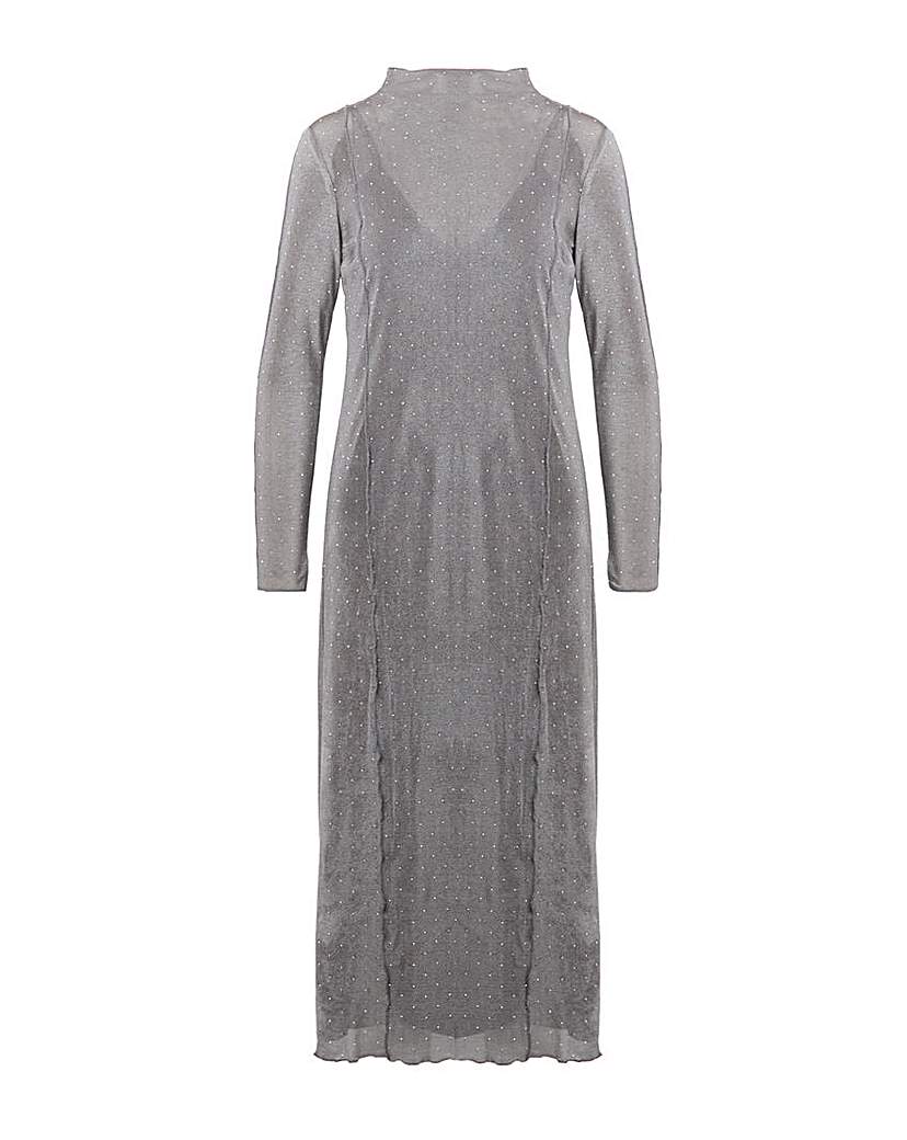 Grey Embellished Mesh Midaxi Dress