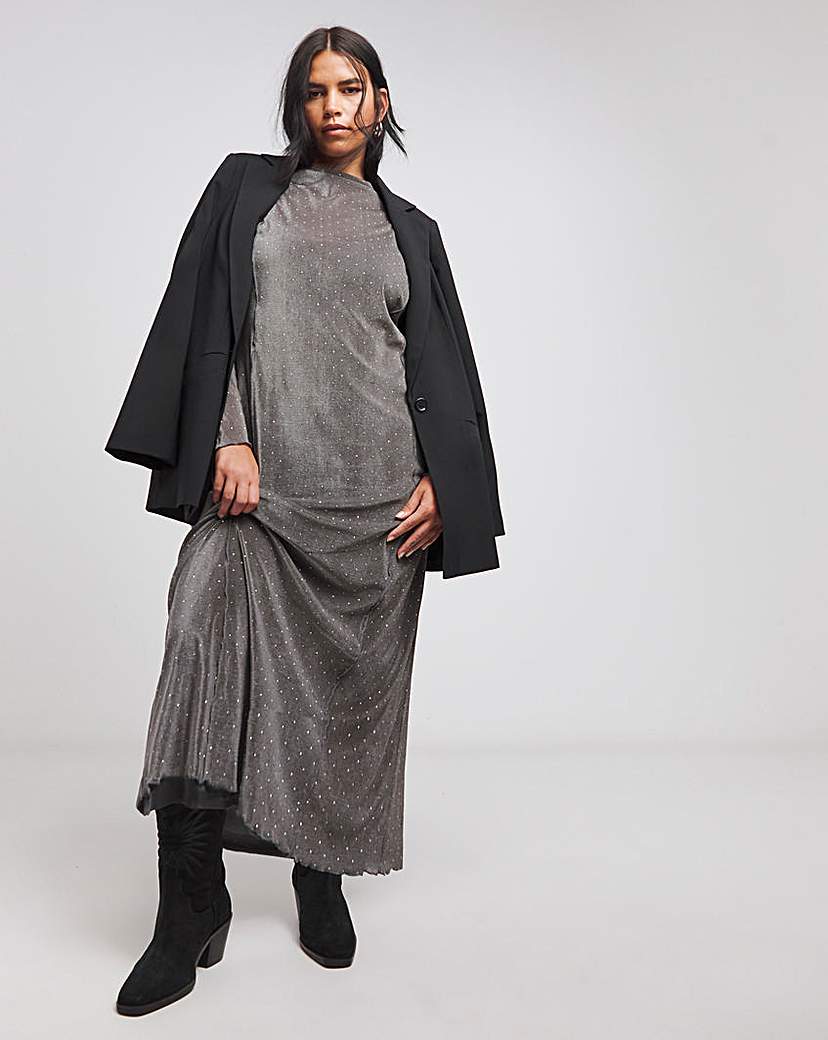 Grey Embellished Mesh Midaxi Dress