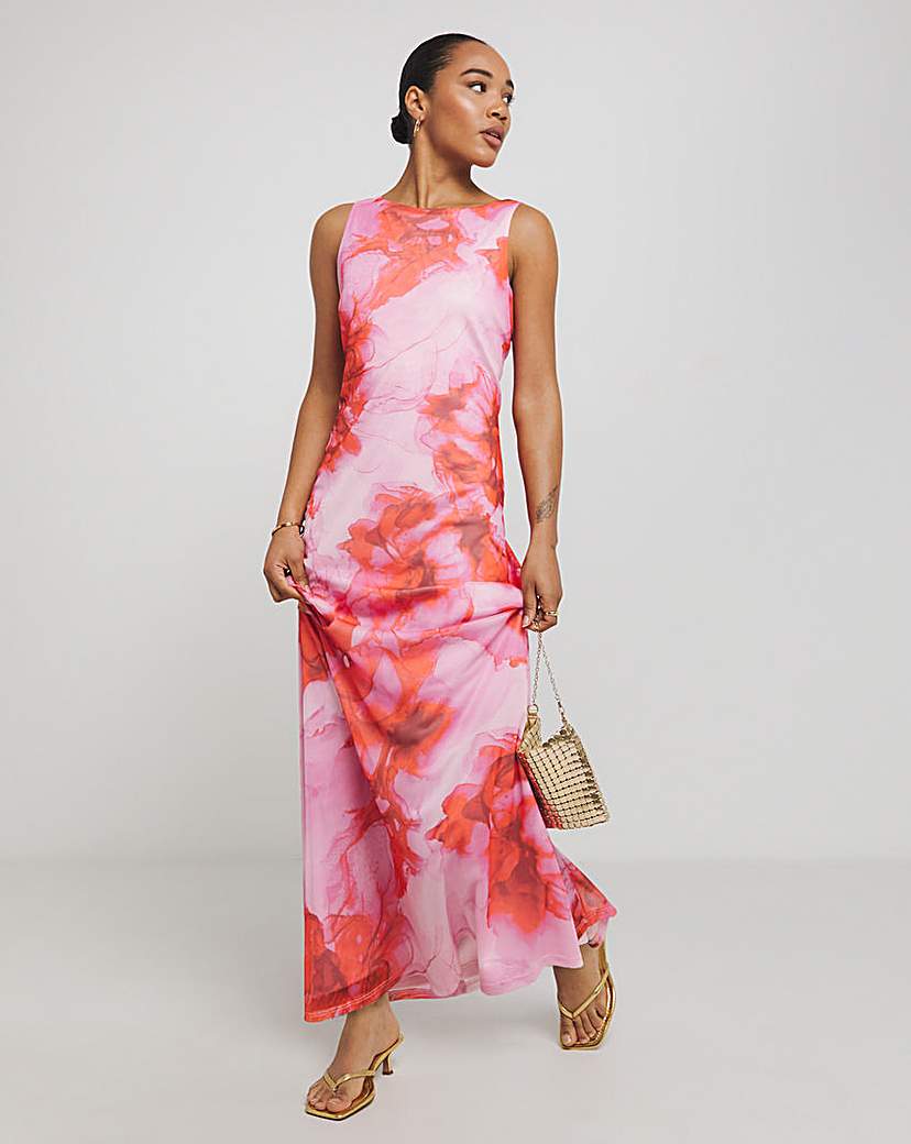 Floral Print Mesh Maxi Dress