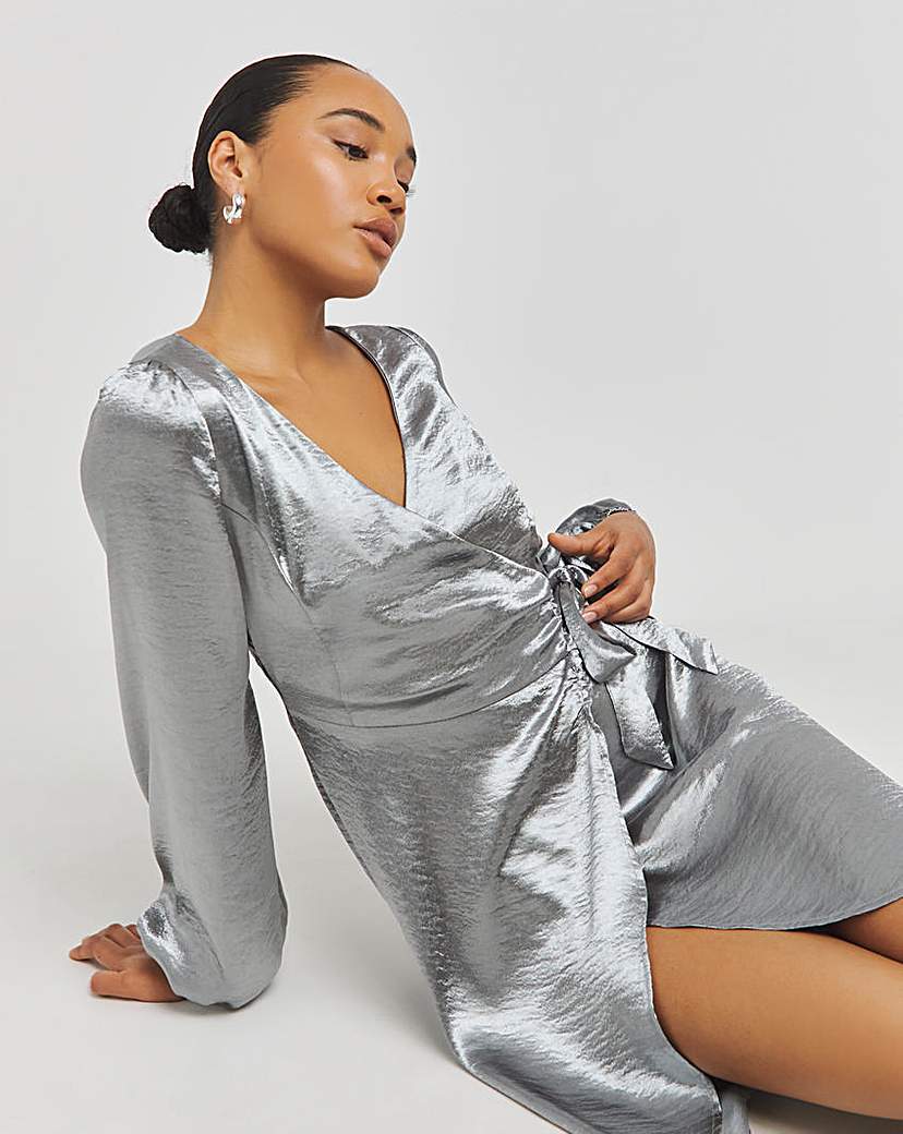 Grey Satin Tie Front Dress