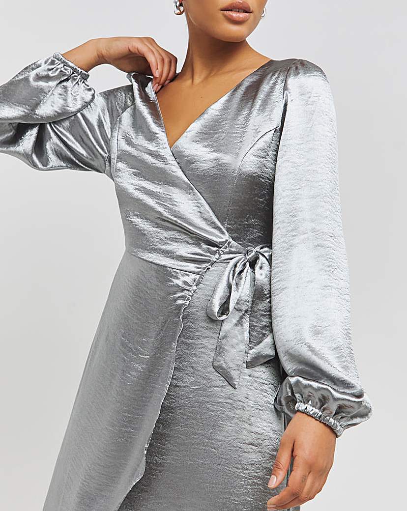 Grey Satin Tie Front Dress