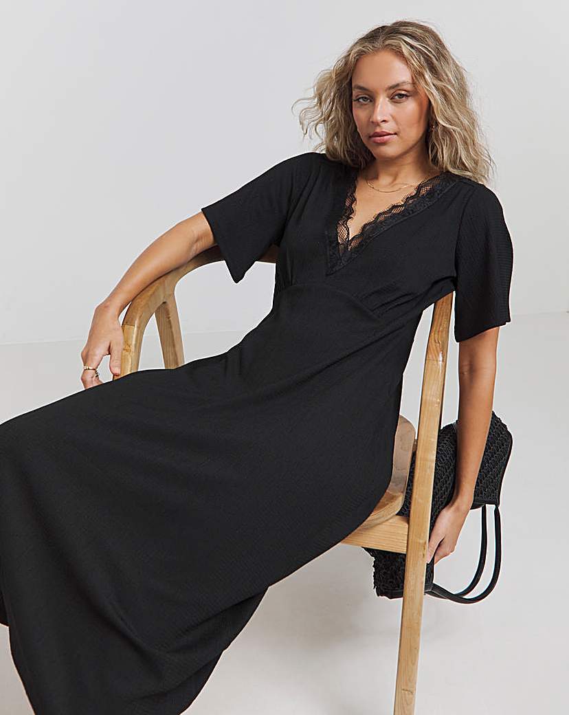 Waffle Lace Trim Midi Dress