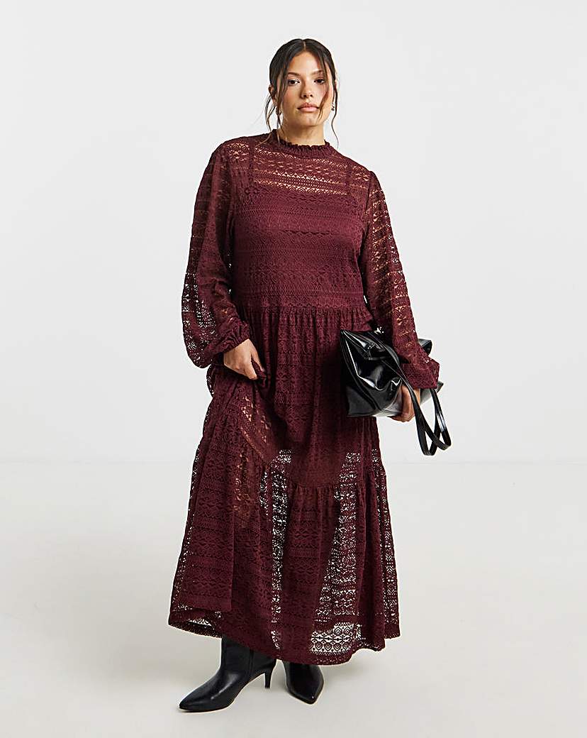 Burgundy Tiered Lace Maxi Dress