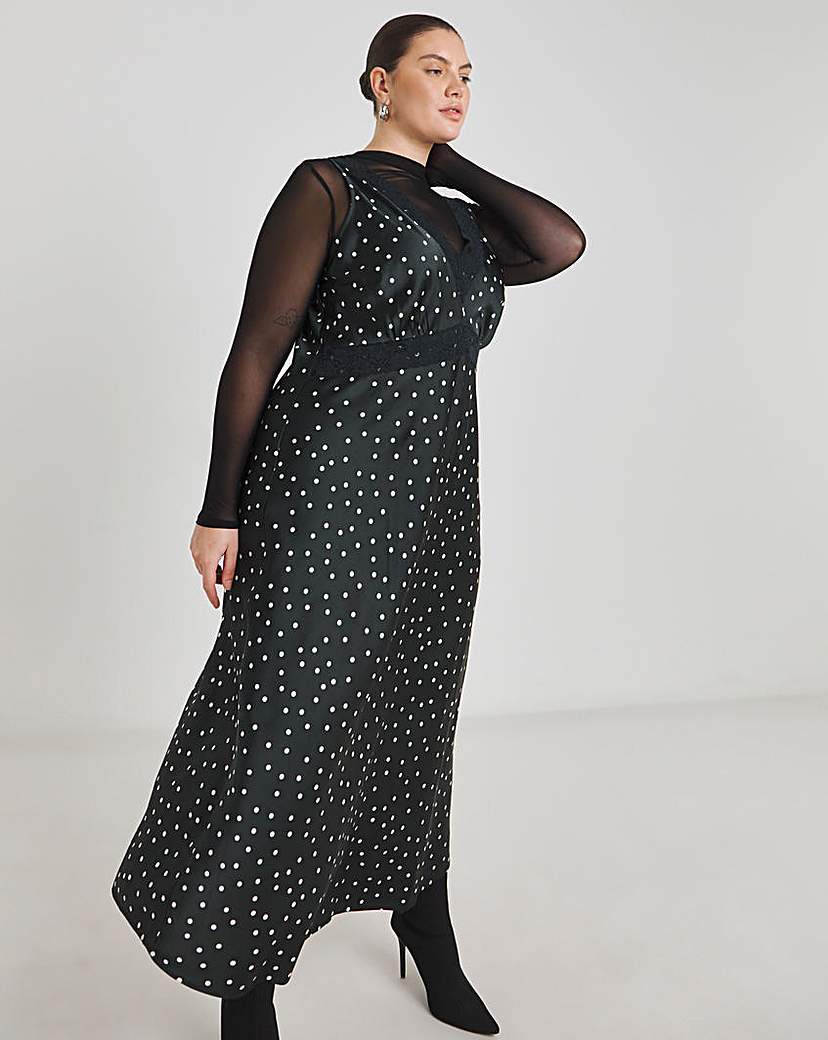 Spot Print Lace Trim Slip Dress