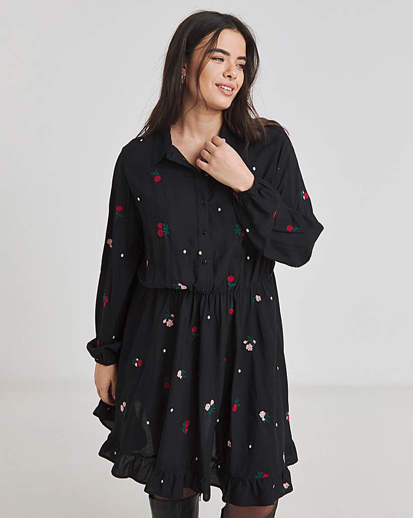 Black Embroidered Shirt Dress