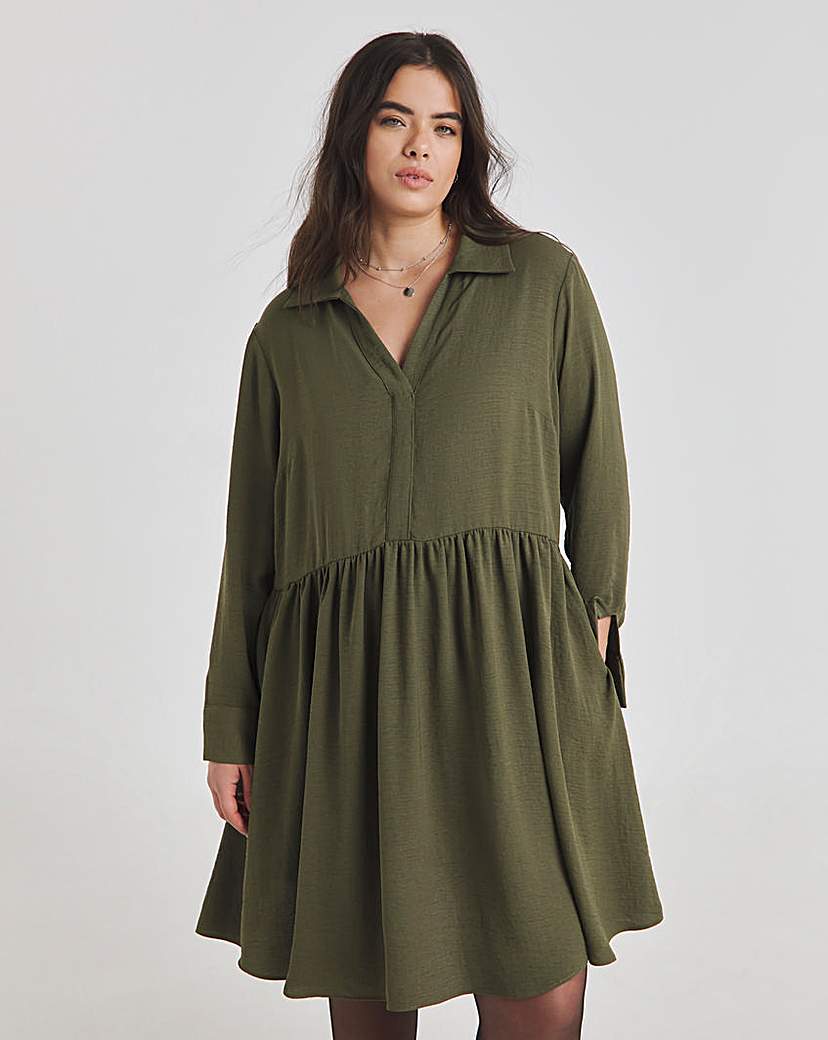 Khaki Herringbone Smock Dress