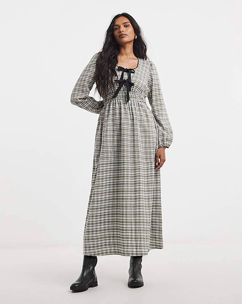 New In - Simply Be - Women's Checked Bow Detail Midaxi Dress - Size 10 - Green check - 97% Polyester 3% Elastane