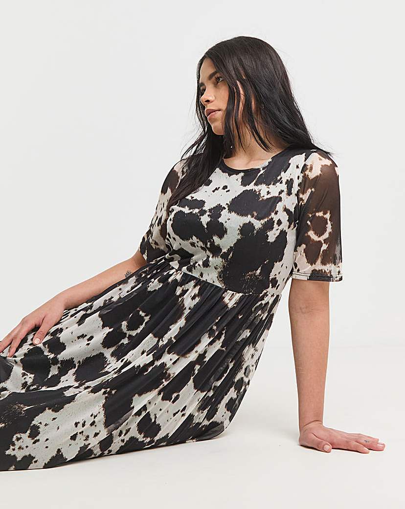 Black Cow Print Mesh Midi Dress