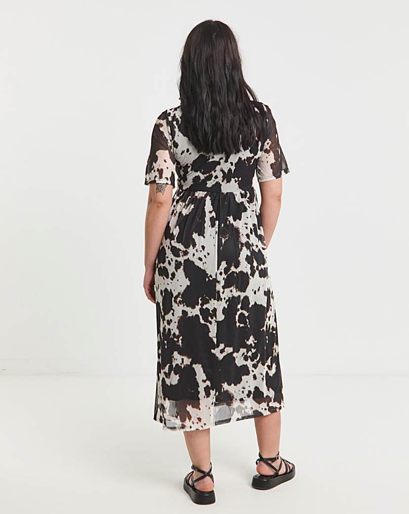 Black Cow Print Mesh Midi Dress