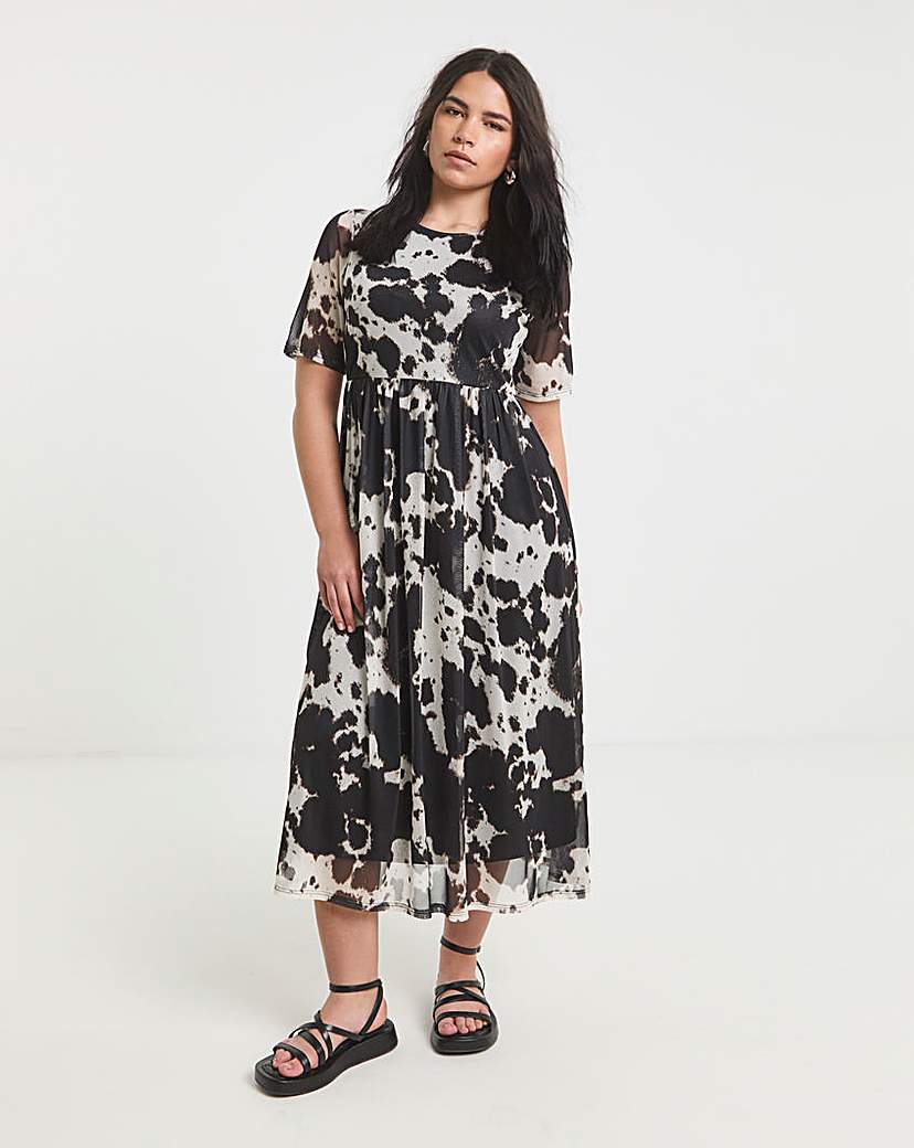 Black Cow Print Mesh Midi Dress