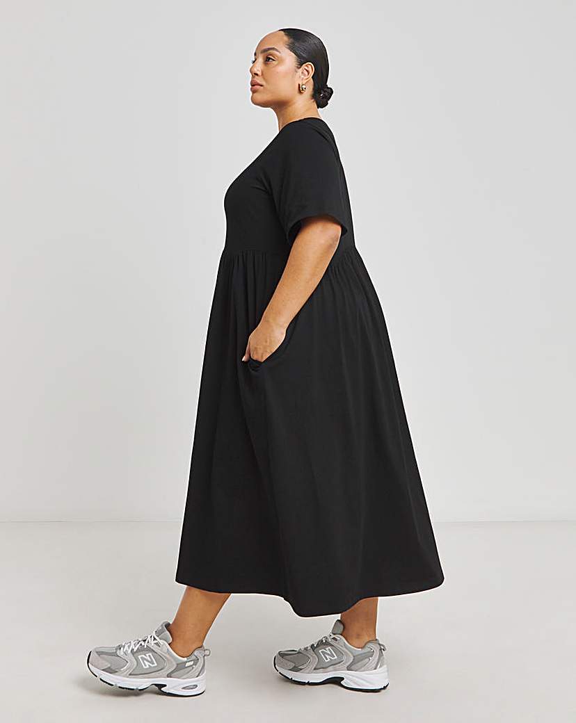 Black Jersey Smock Midi Dress