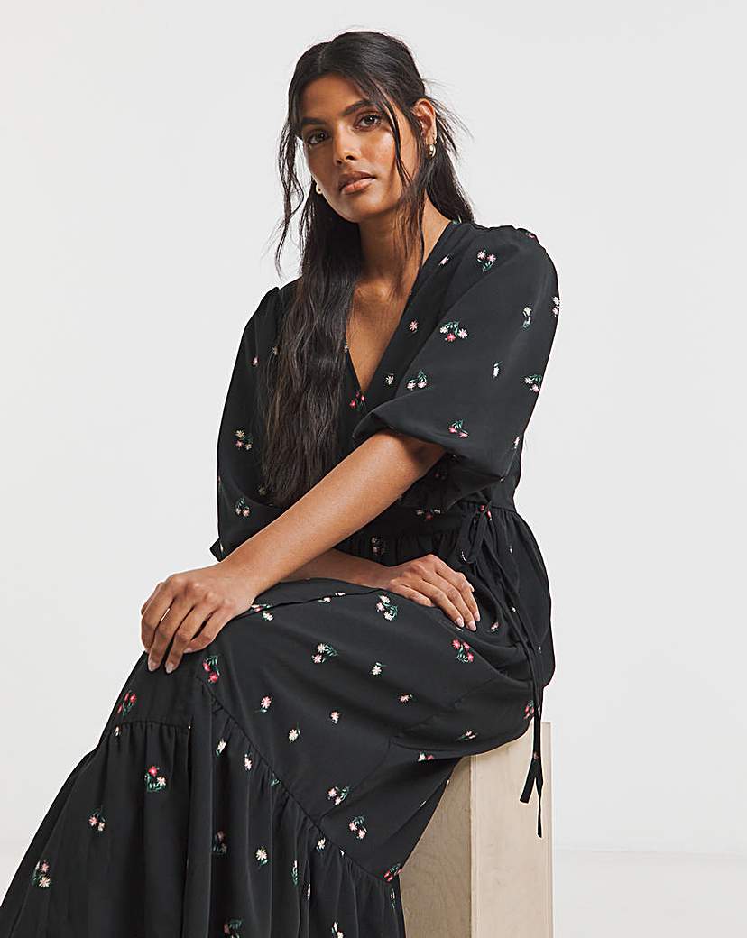 Ditsy Print Midi Wrap Dress