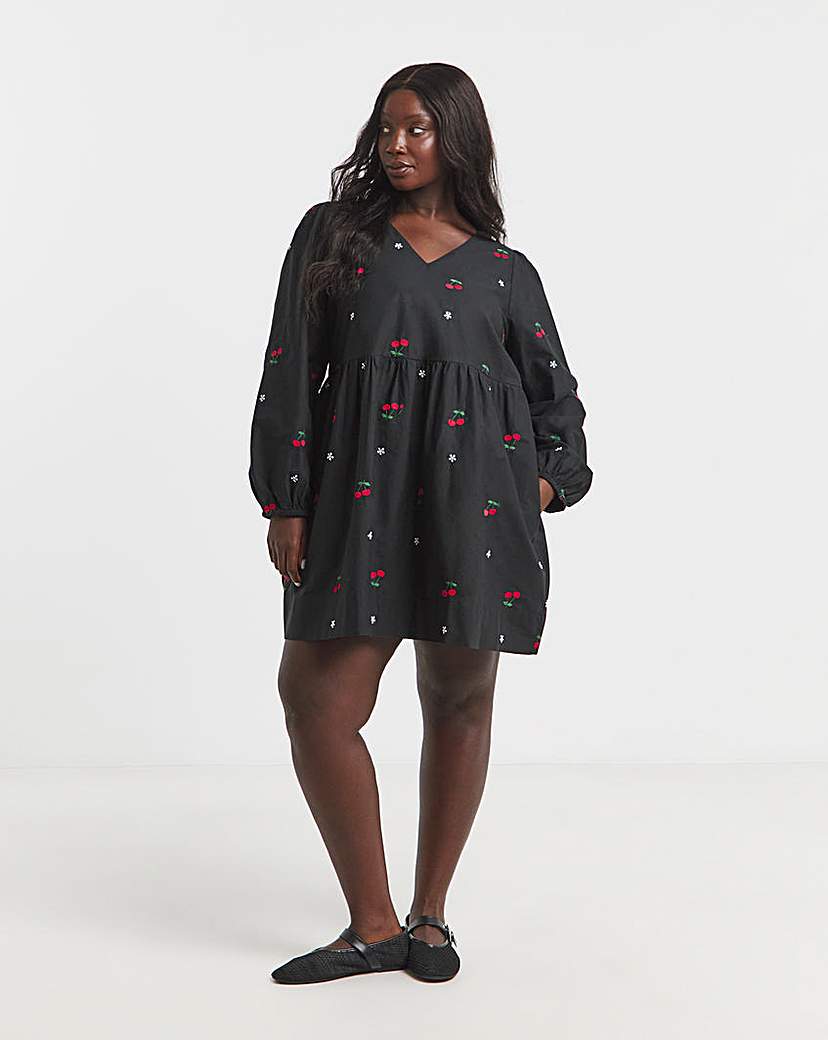 Cherry Embroidered Smock Dress