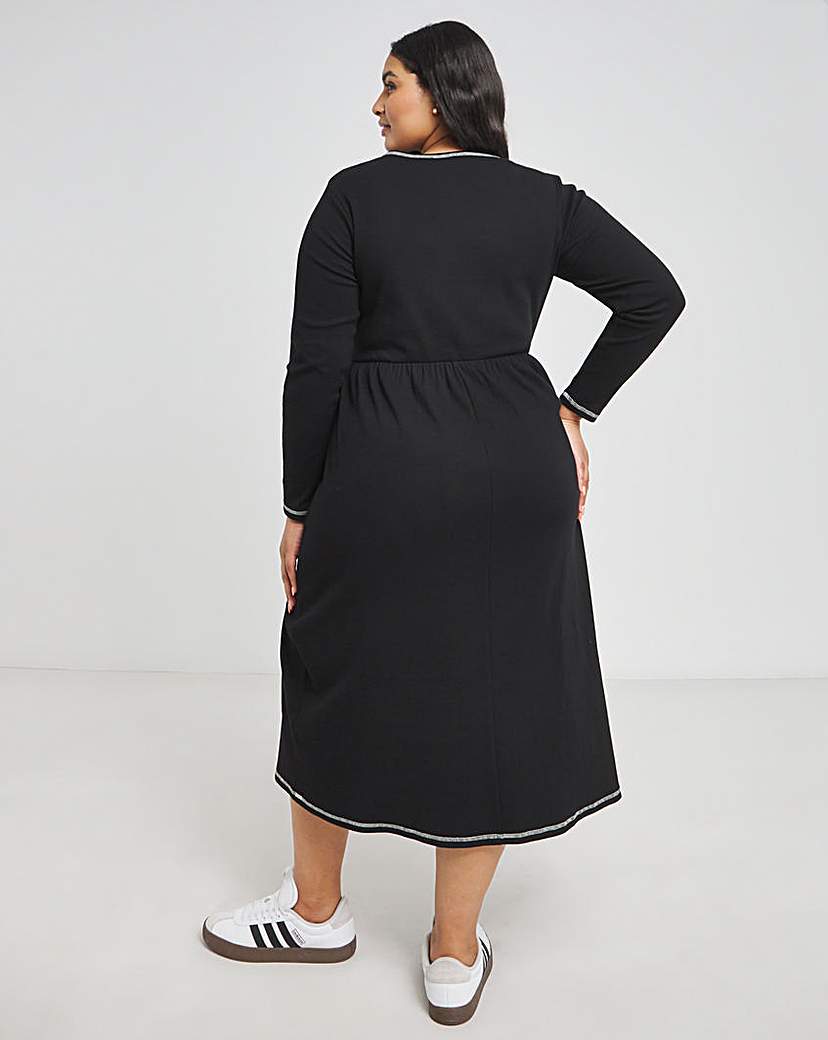 Black Ribbed Contrast Seam Midi Dress