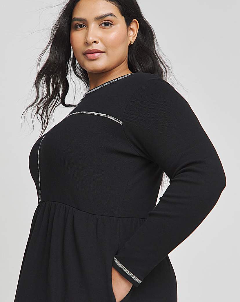 Black Ribbed Contrast Seam Midi Dress
