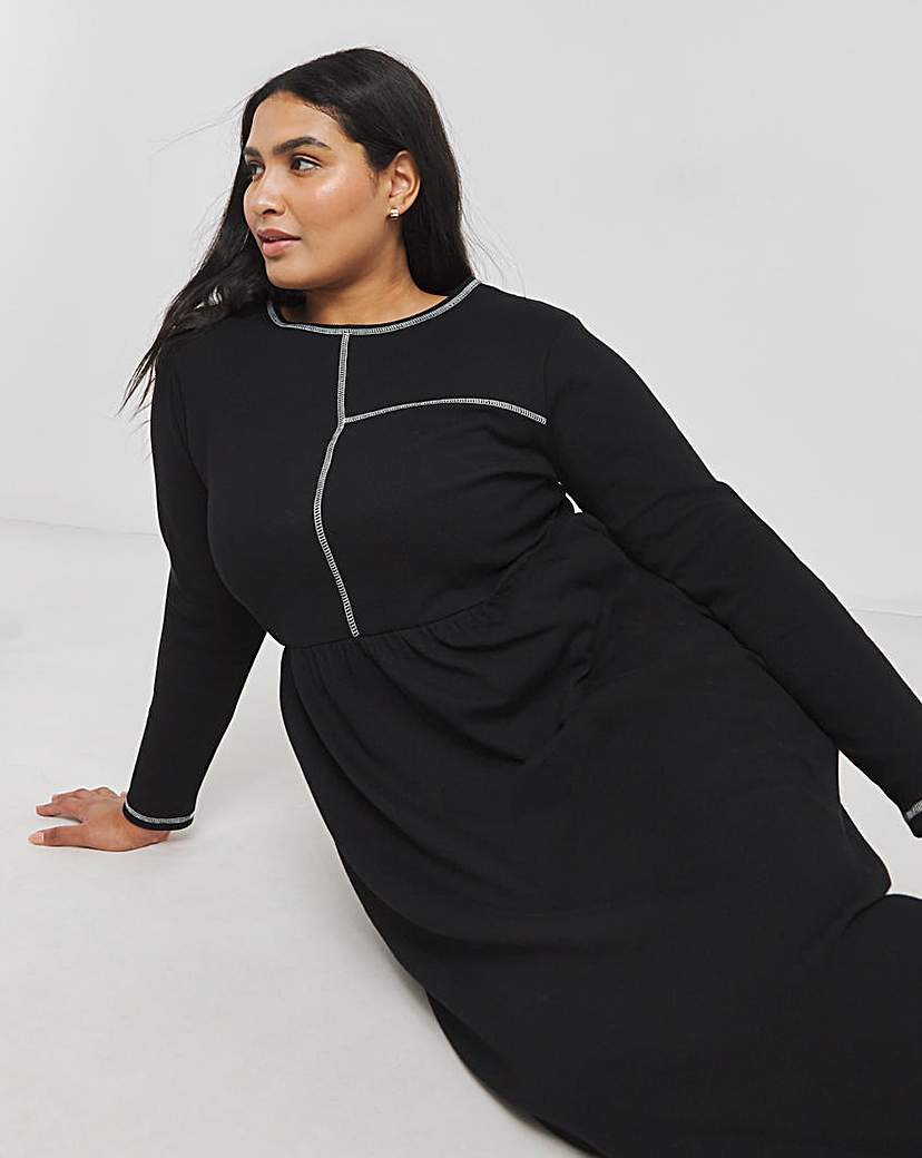 Black Ribbed Contrast Seam Midi Dress