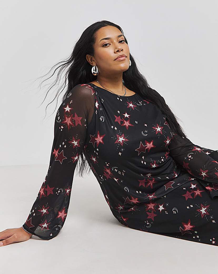 Printed Mesh Maxi Dress