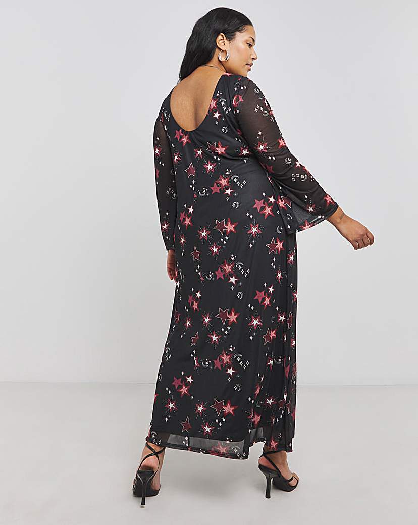 Printed Mesh Maxi Dress