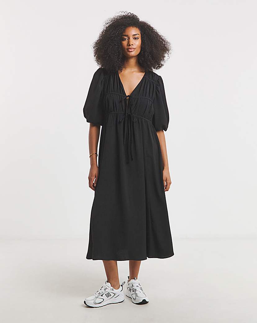 Black Tie Front Midi Dress With Pockets