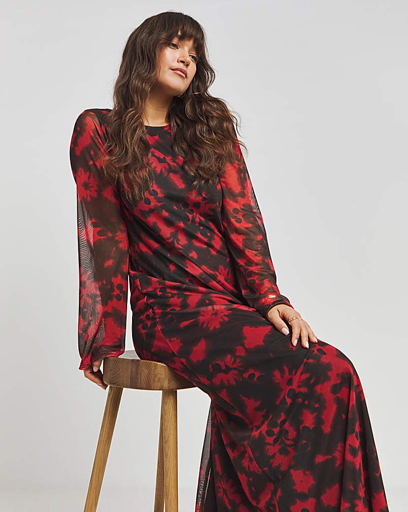 Printed Mesh Maxi Dress