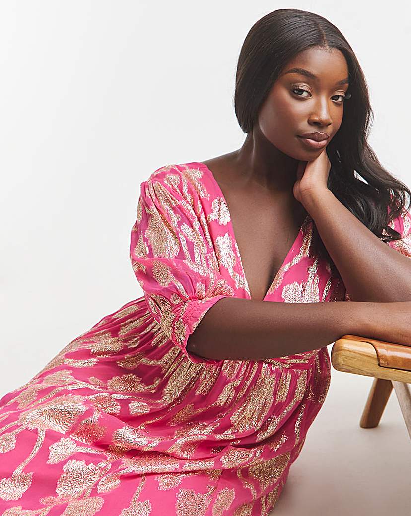 Pink and Gold Wrap Midi Dress