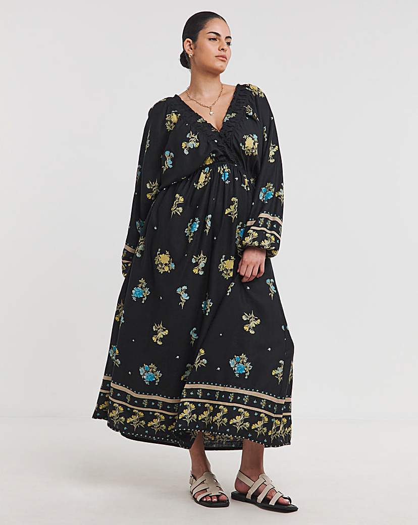 New In - Black Floral Printed Linen Blend Midi