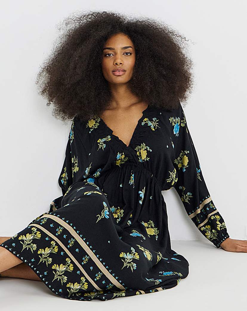 Simply Be Black Floral Printed Linen Blend Midi Dress | JD Williams