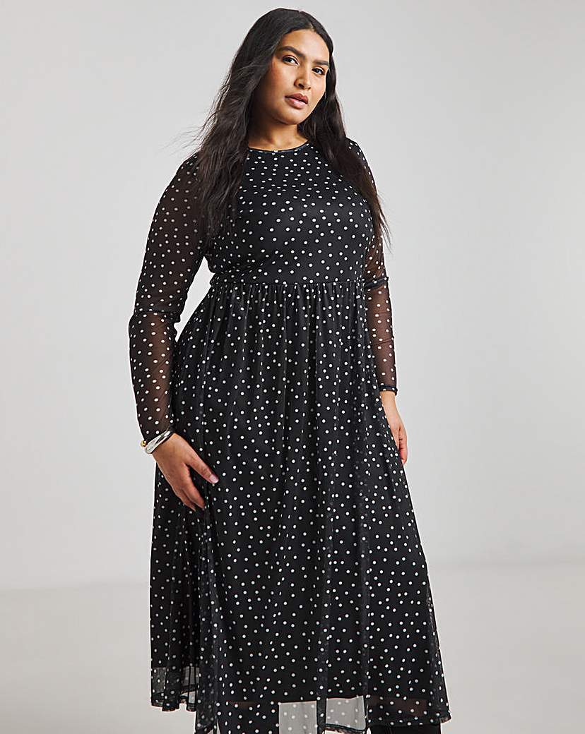 Spot Print Mesh Midi Dress