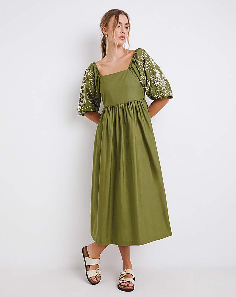 Khaki Embroidered Midi Dress