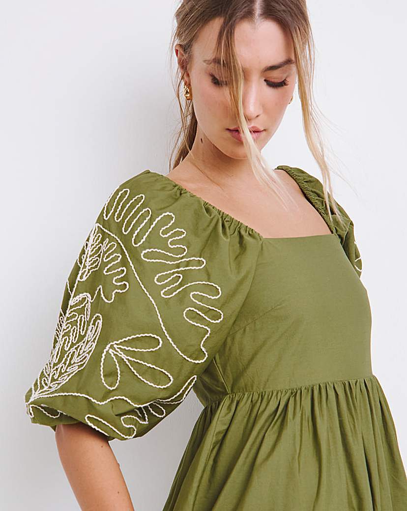 Khaki Embroidered Midi Dress