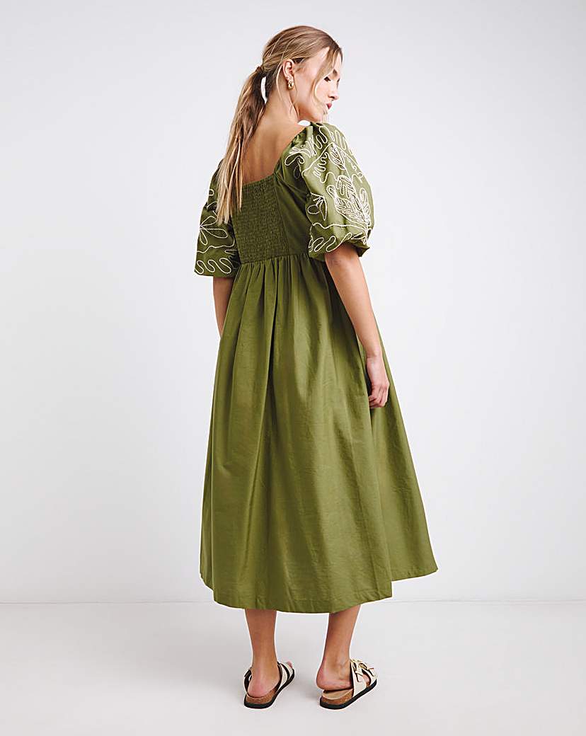 Khaki Embroidered Midi Dress