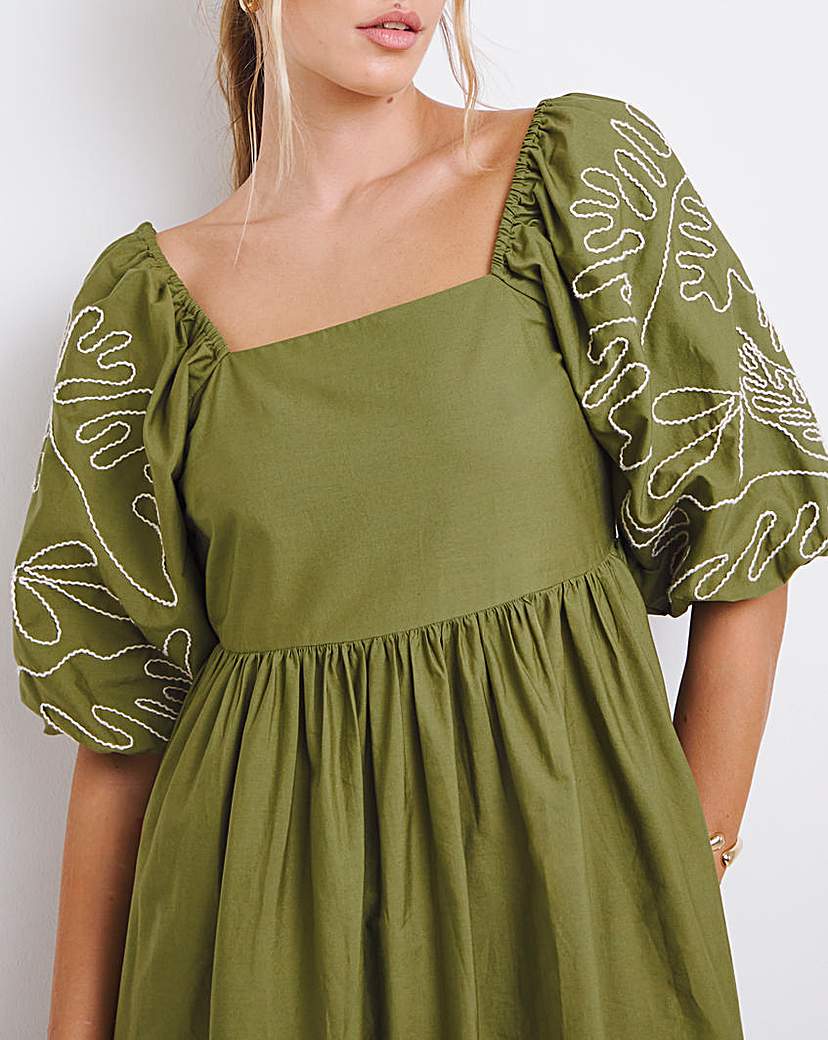 Khaki Embroidered Midi Dress