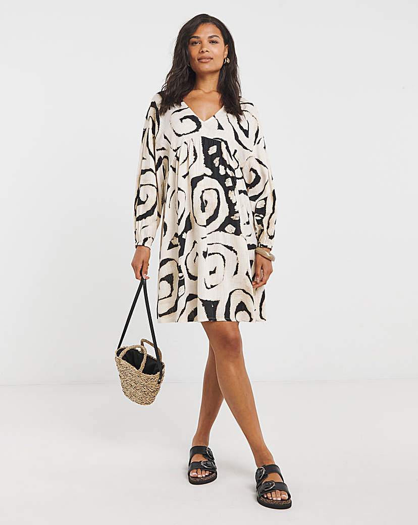 Mono Print Linen Blend Smock Dress