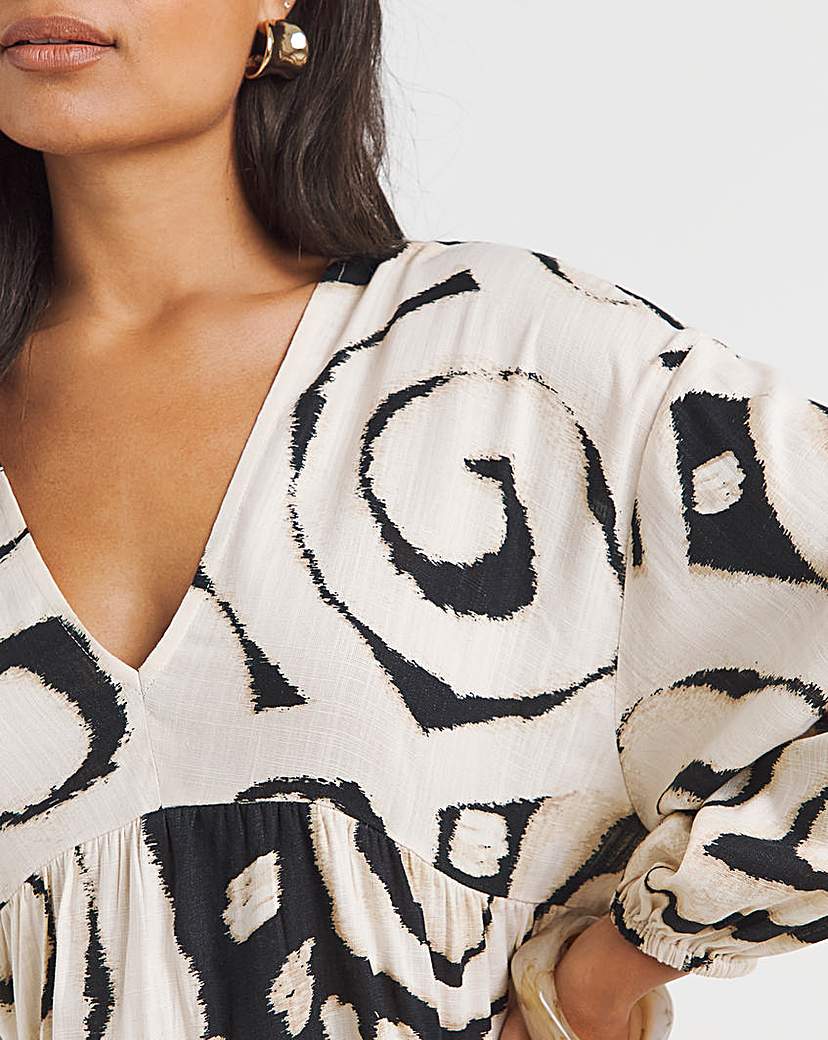 Mono Print Linen Blend Smock Dress