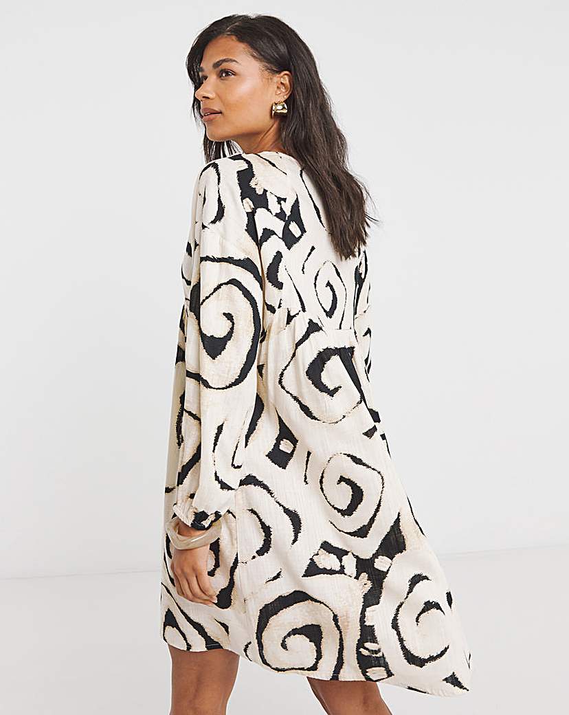 Mono Print Linen Blend Smock Dress