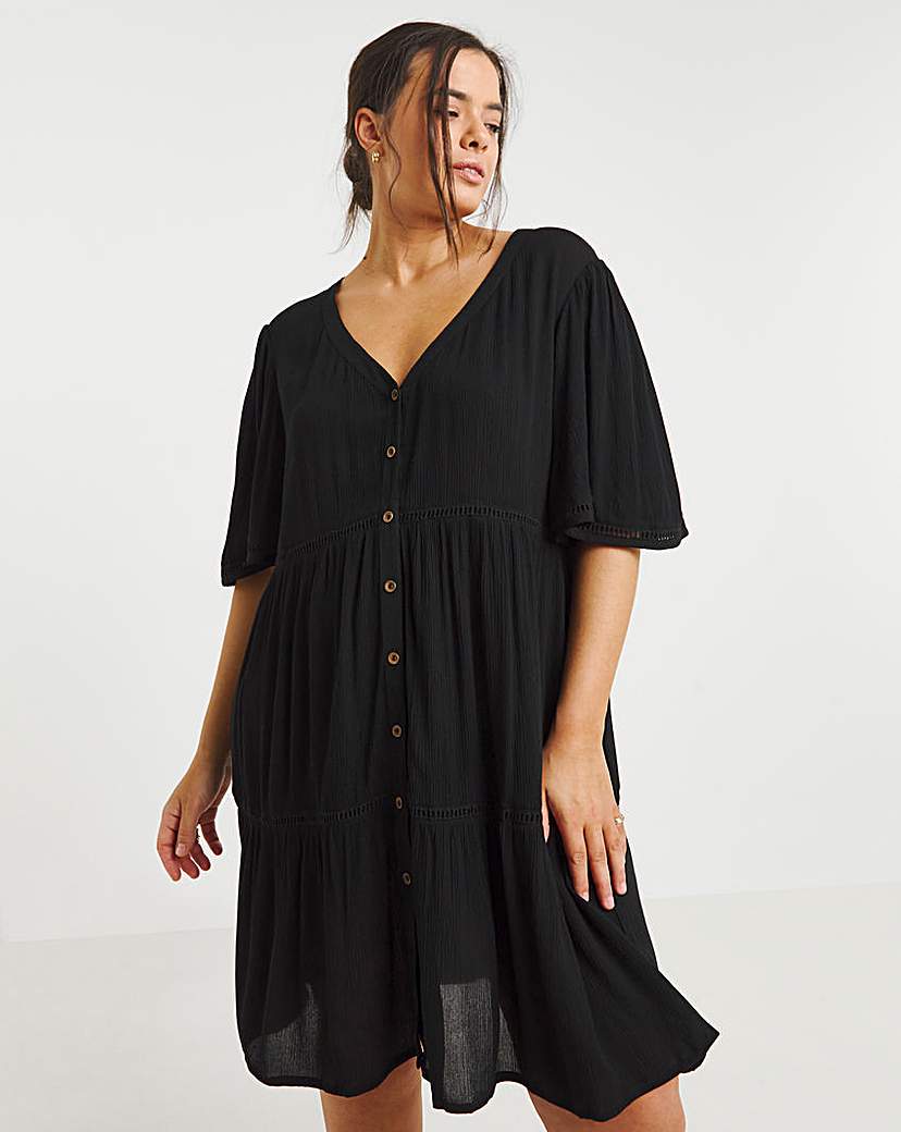 Black Crinkle Smock Dress