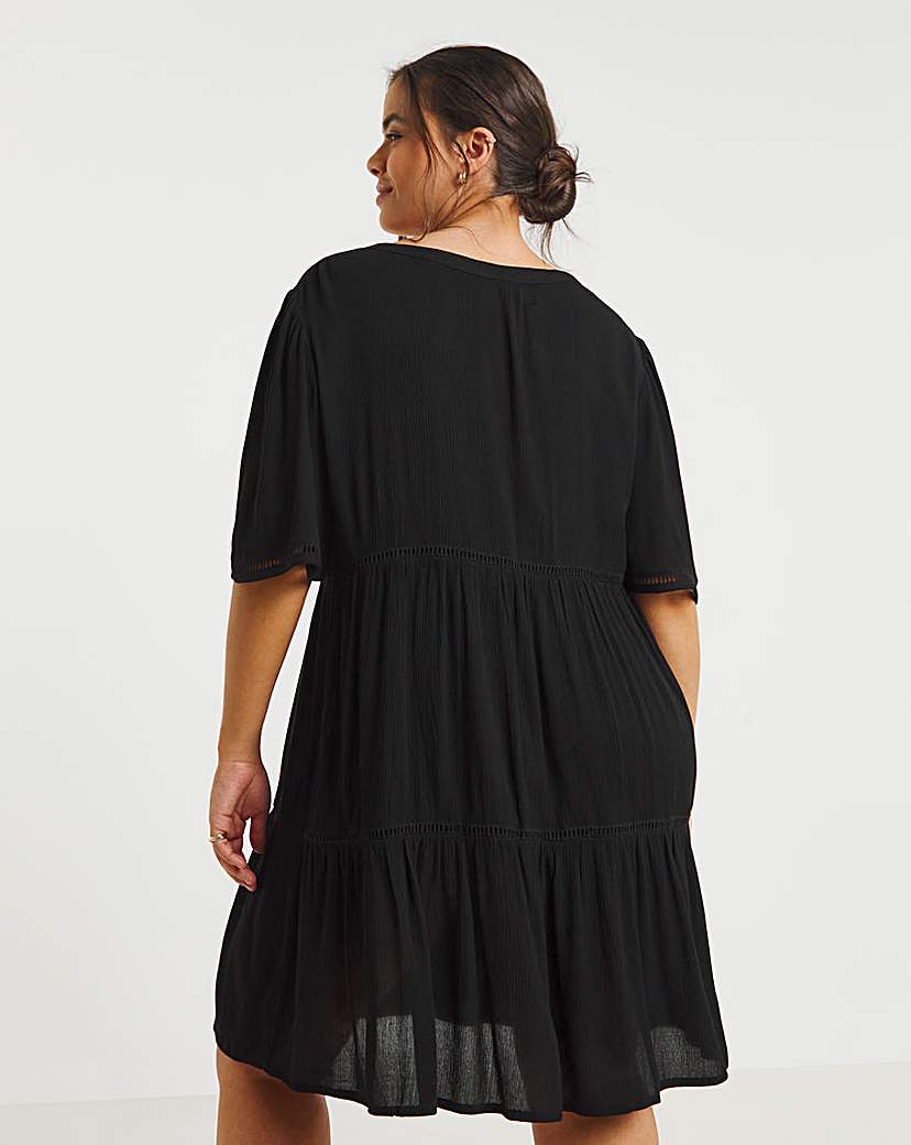 Black Crinkle Smock Dress