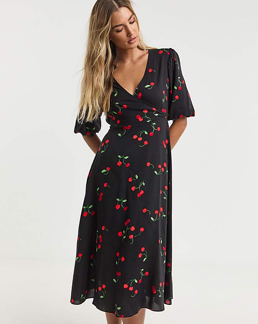 Cherry Print Wrap Midi Dress | Simply Be