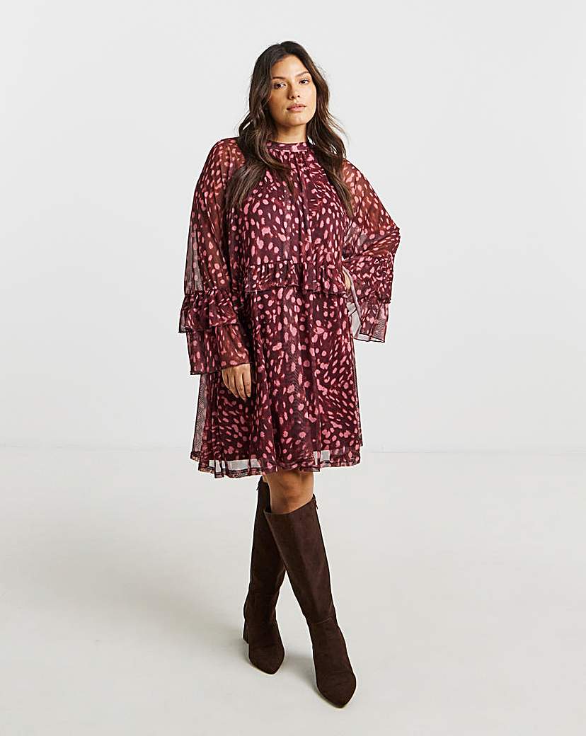 New In - Simply Be - Women's Printed Romantic Mesh Smock Dress - Size 10 - Burgundy multi - 93% Polyester 7% Elastane
