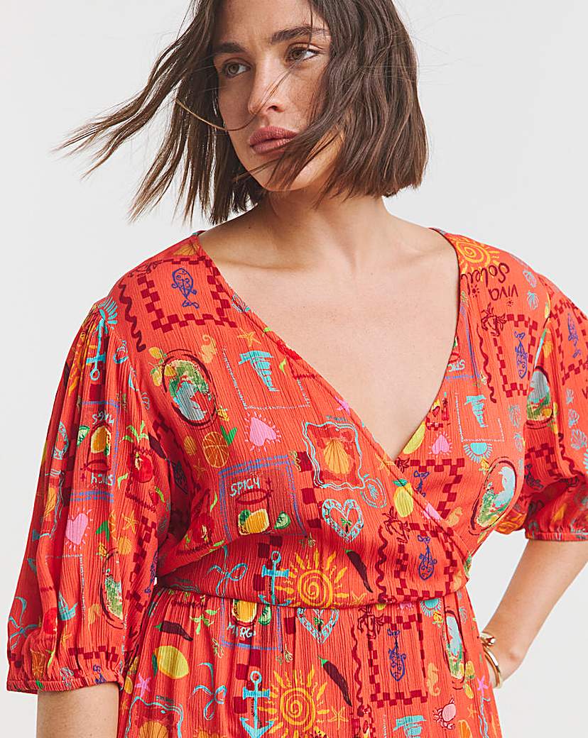 Orange Print Crinkle Wrap Dress